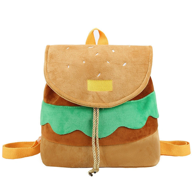 Hamburger Plush Backpack with Adjustable Drawstring and Fastening Buckle