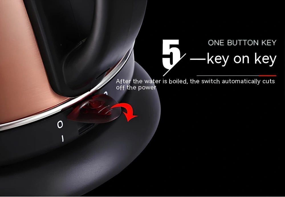 Full-automatic stainless steel kettle with touch control in gold colour showing 1L capacity markings