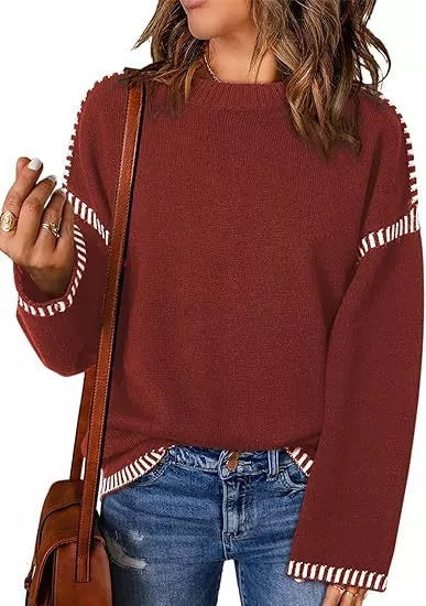Women's Acrylic Round Neck Pullover Sweater with Flared Sleeves