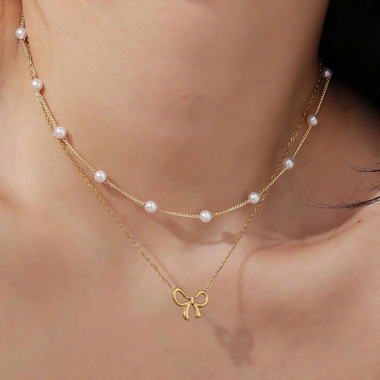 Double Layer Pearl Choker with Bow Pendant in Gold or Silver