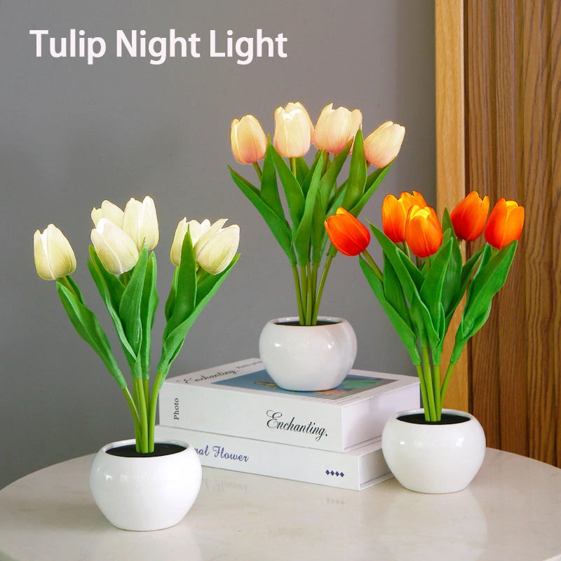 LED Tulip Flower Night Light with Ceramic Pot for Home Decor