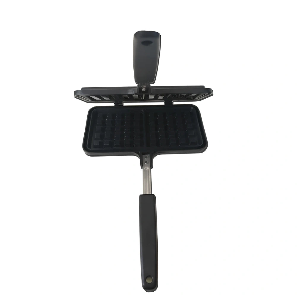Black non-stick aluminium waffle mold 22x12x23cm with plaid pattern plates and locking handle for gas stove use