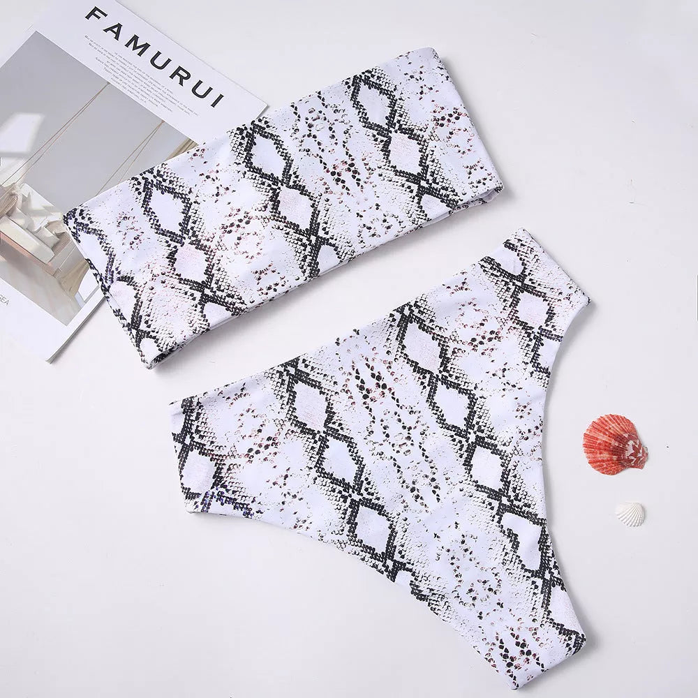Snake print bandeau bikini with high waist design