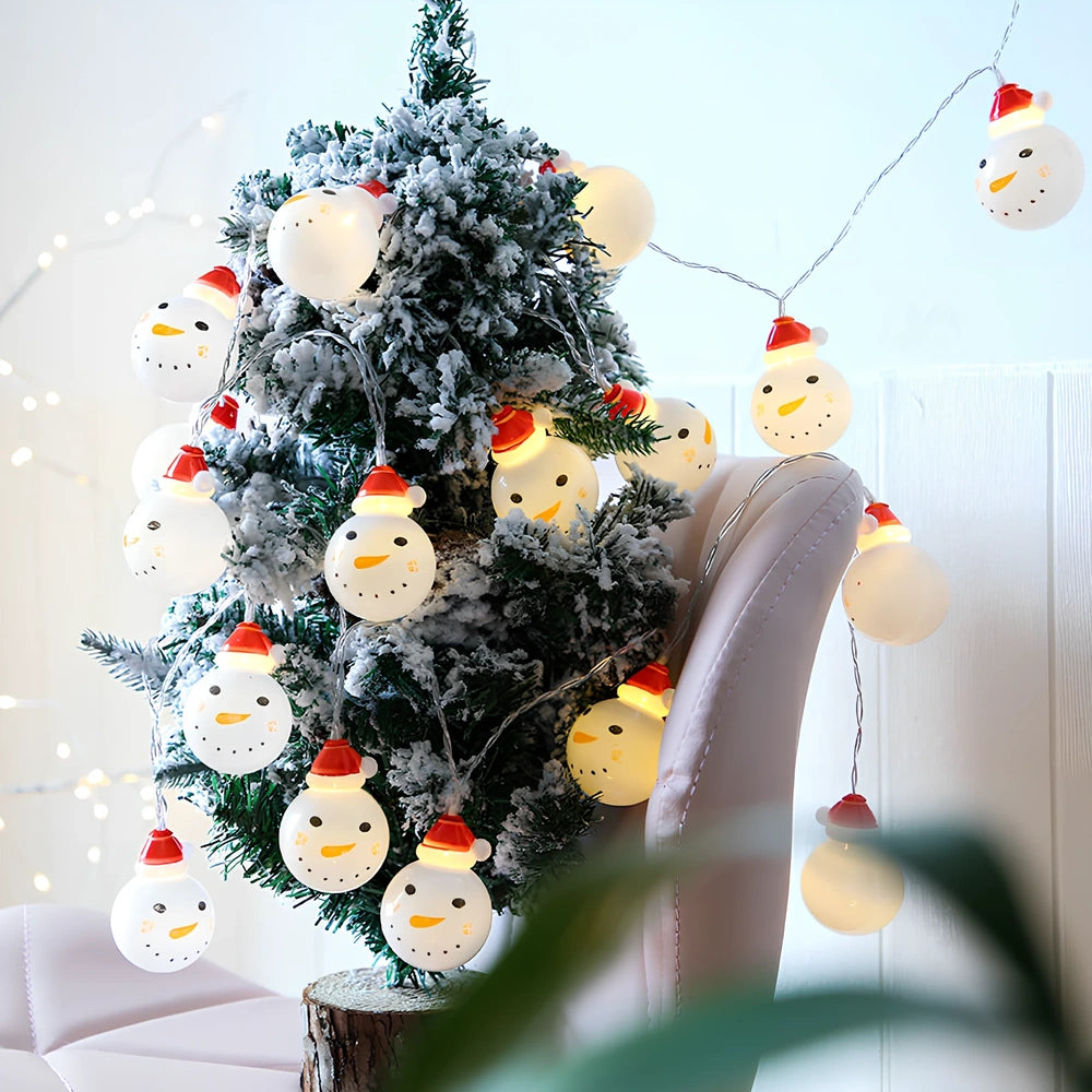 Snowman Christmas string lights with warm white glow, multiple power options, and remote control
