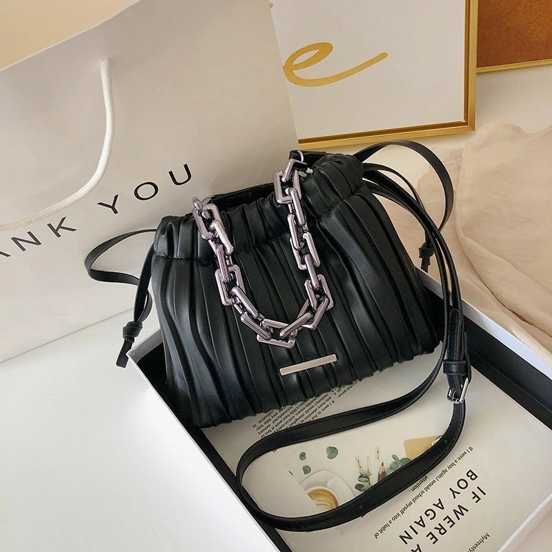 Korean Style Women's PU Bucket Bag with Acrylic Chain