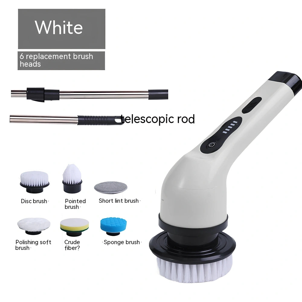 Handheld electric cleaning brush with rotating heads in white or green colours