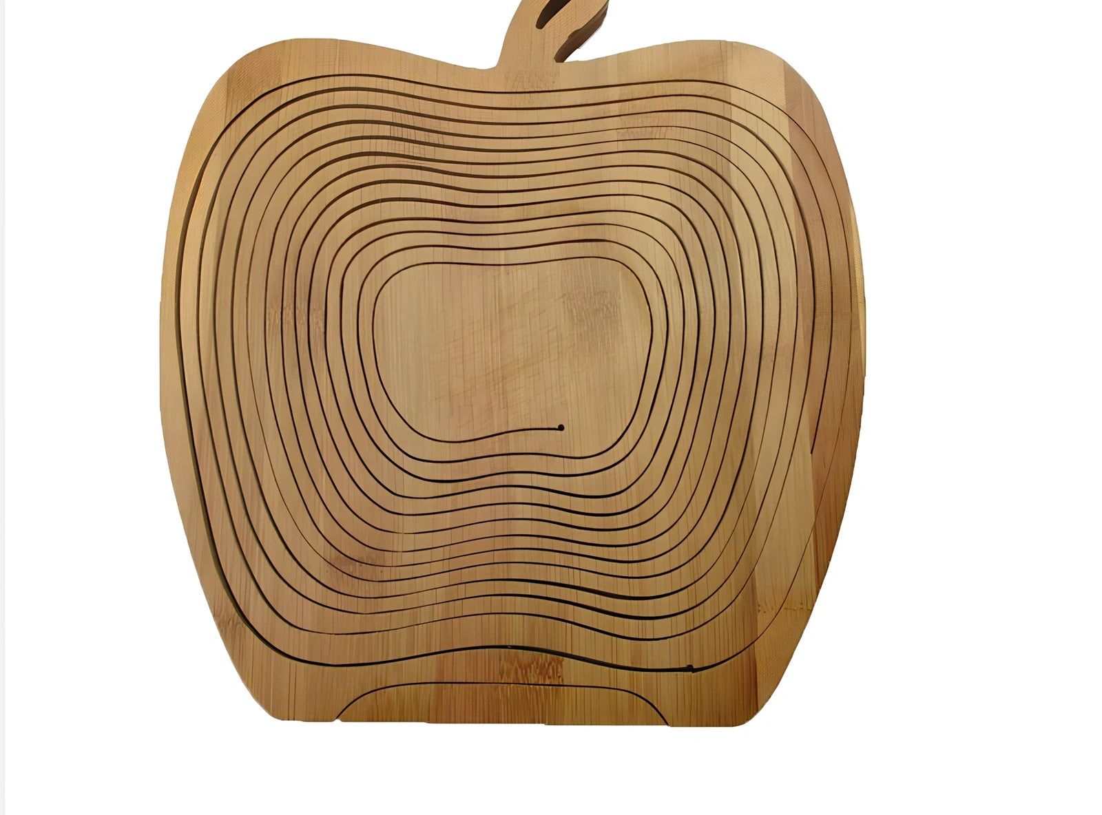 Folding natural bamboo fruit basket open at 27 cm wide, 30 cm high, collapsed to 1.8 cm for storage