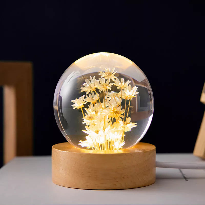 LED Dandelion Crystal Ball Night Light with Oak Base
