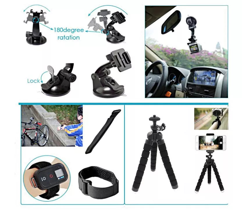 Camera Accessories Kit with 360-degree Rotation Clip and Multiple Mounts