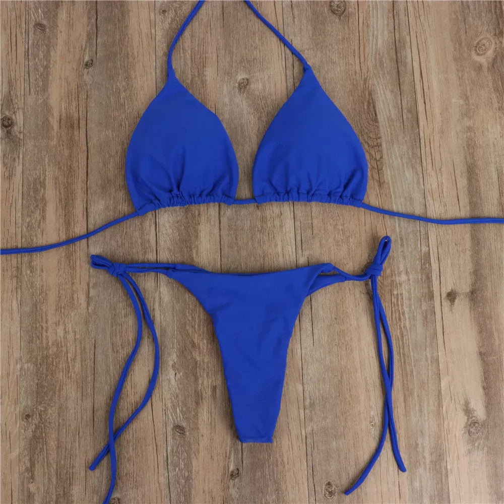 Adjustable Halterneck Bikini Set with Lace-up Detail