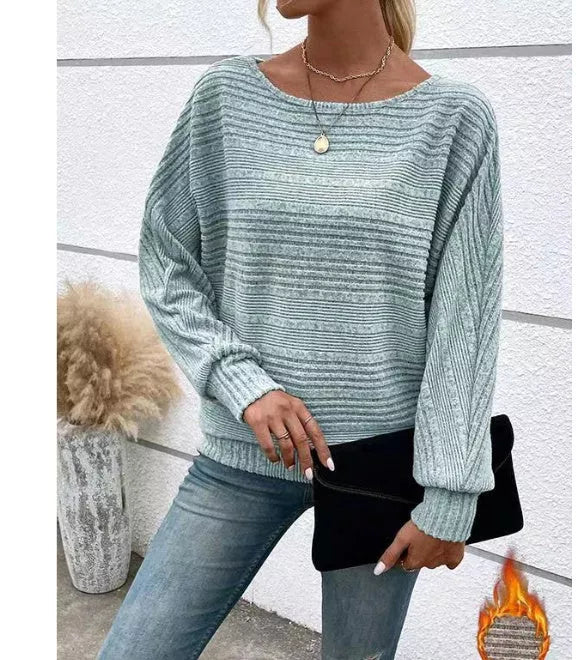 Striped Batwing Sleeves T-shirt with Round Neck for Women