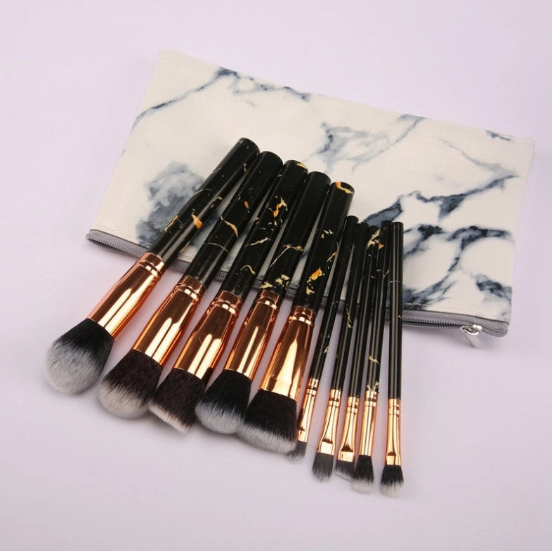 10-piece marble makeup brush set with 5 large and 5 small brushes