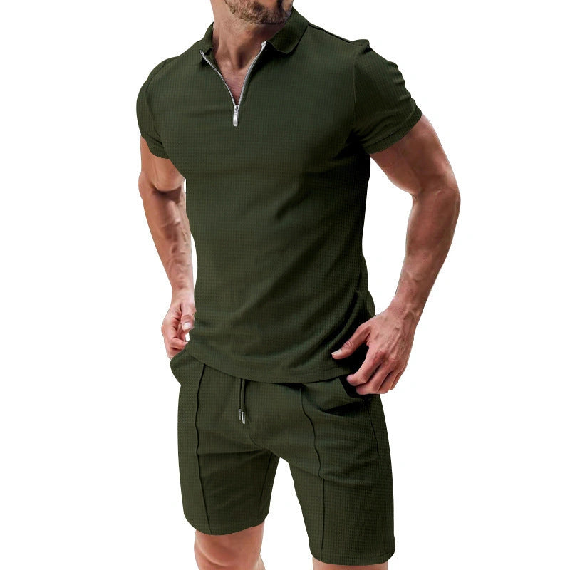 Men's 2-Piece Waffle Texture Summer Outfit with Zipper Lapel Top and Drawstring Shorts