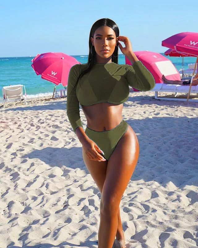 Three-piece Solid Orange High Waist Bikini Set