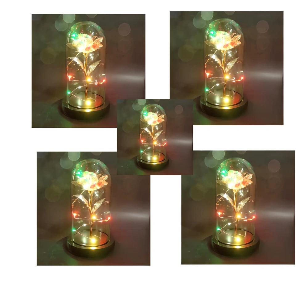 Glass dome LED rose flower micro landscape with gold petals and black base