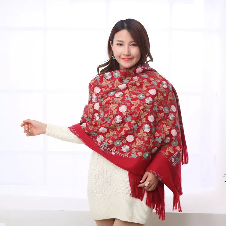 Embroidered Shawl with Thick Fringed Cashmere Scarf