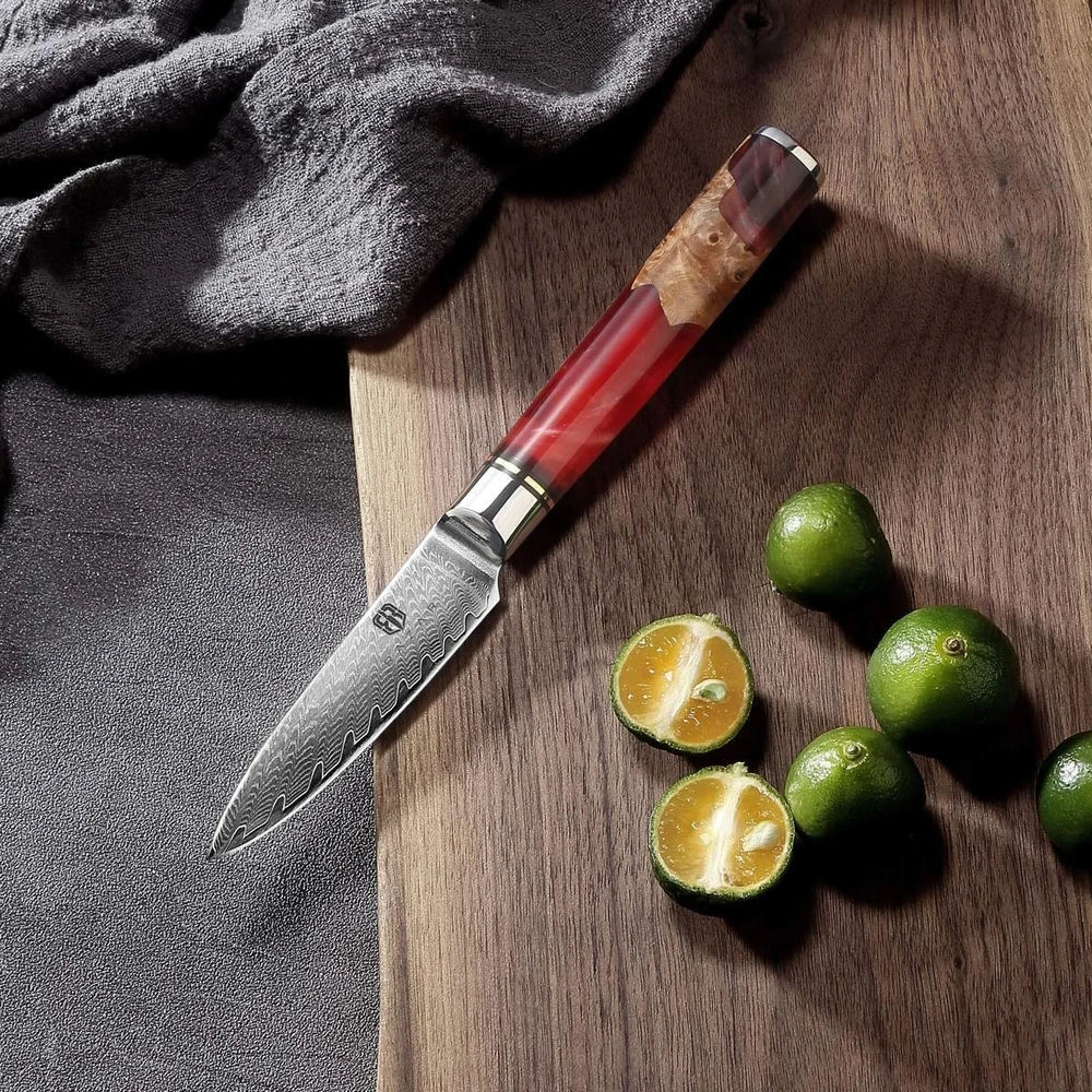 Damascus chef's knife set with unique epoxy wood burl handles, including 8-inch blade for precise slicing, 9.5-inch cow knife for meat, in 3-8 piece options