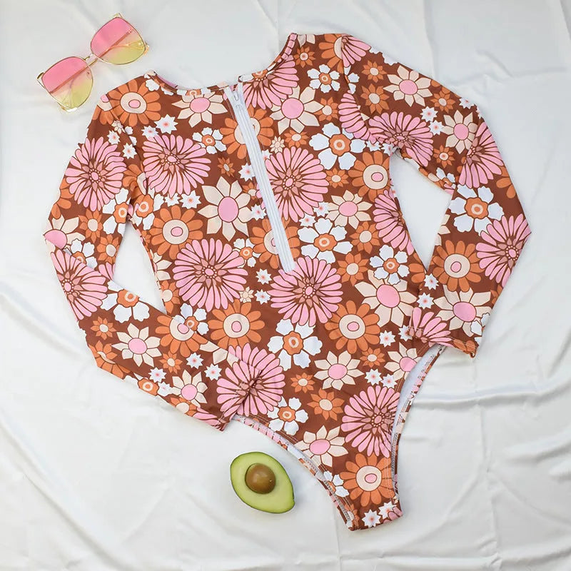 Long Sleeve Floral Sunscreen Diving Bikini with Chest Pad