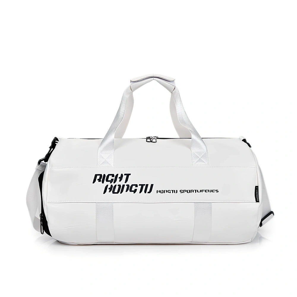 Cylindrical waterproof sports travel bag with multiple internal compartments and PU leather exterior