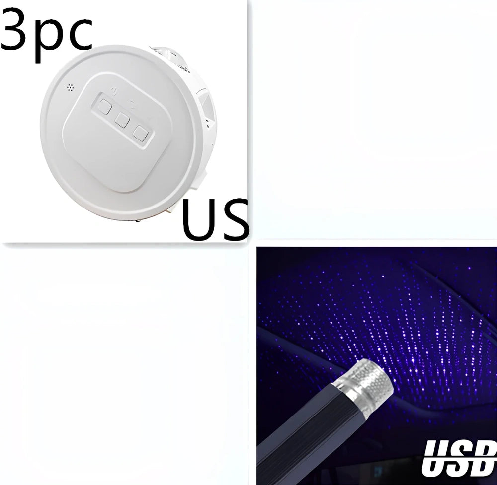 USB star projection light with voice control showing rotating mechanism and star pattern projection