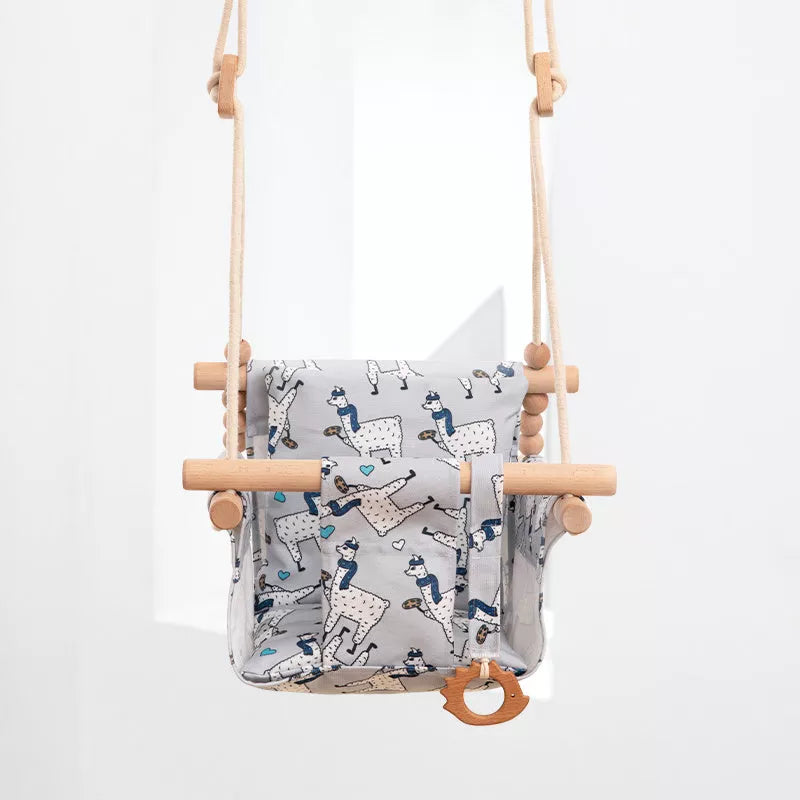 Cotton Canvas Baby Swing Chair with Wooden Seat and Cushion
