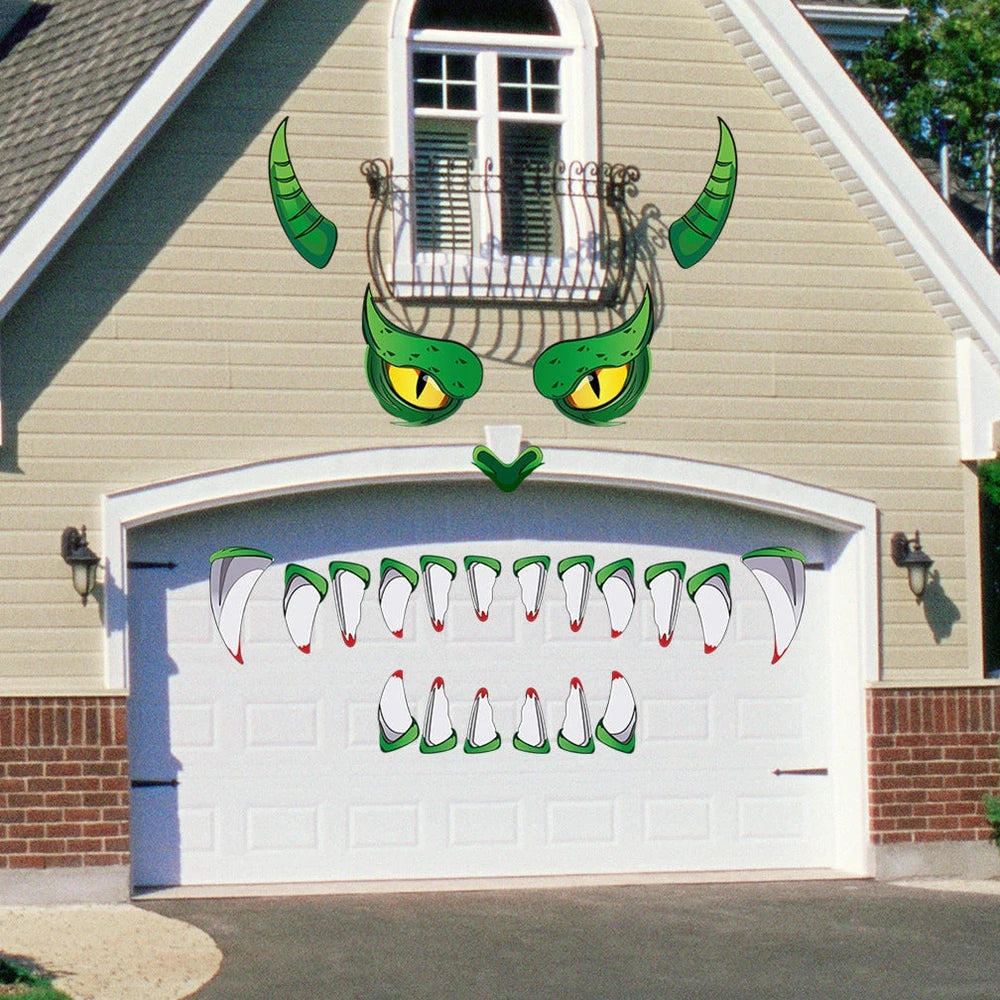 Oversized green monster plastic eyes door sticker, 213 cm tall PVC decoration with 3D protruding eyes for Halloween