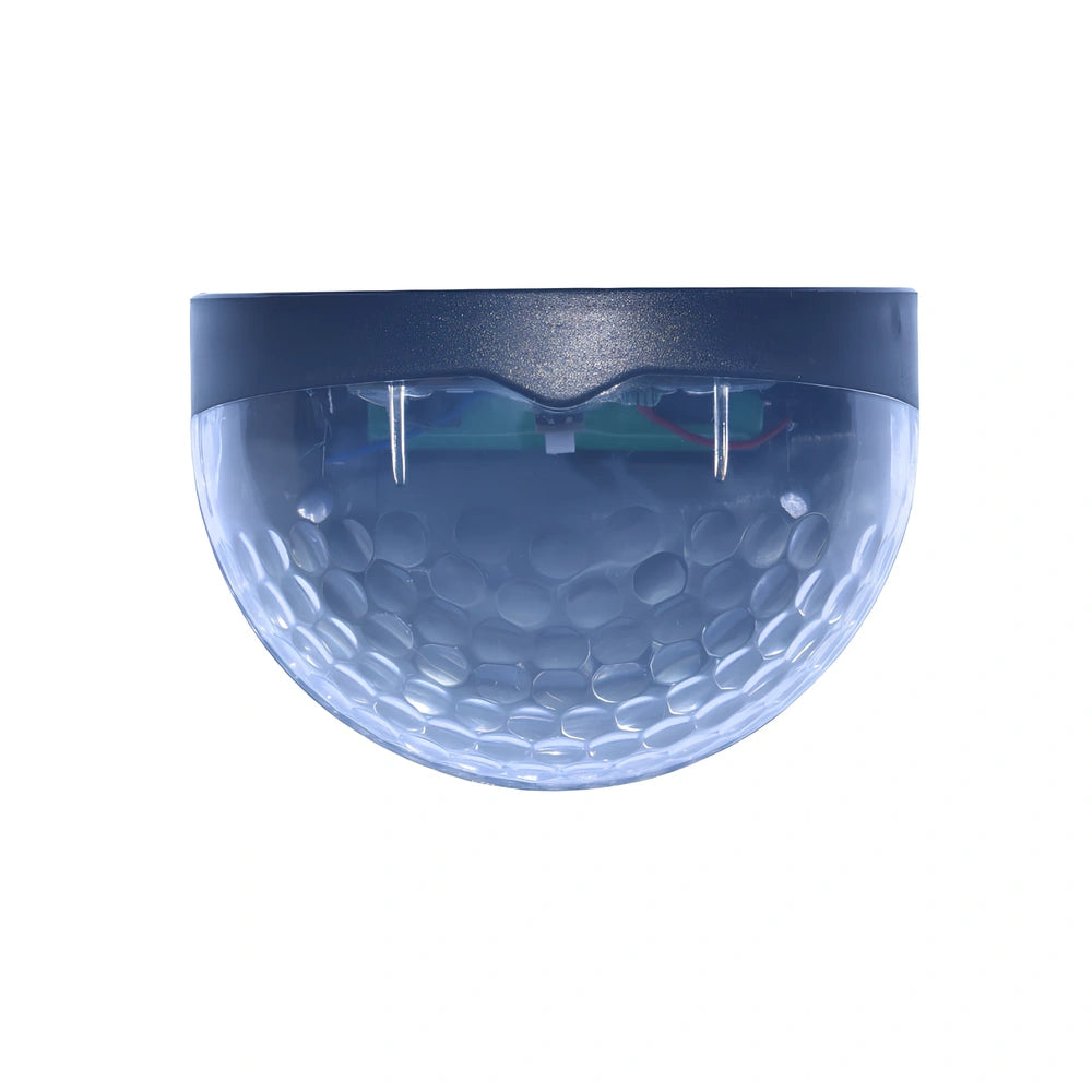 Pair of white waterproof solar semicircular fence lamps with water drop effect, IP65 rated for garden use, 90x62x50mm