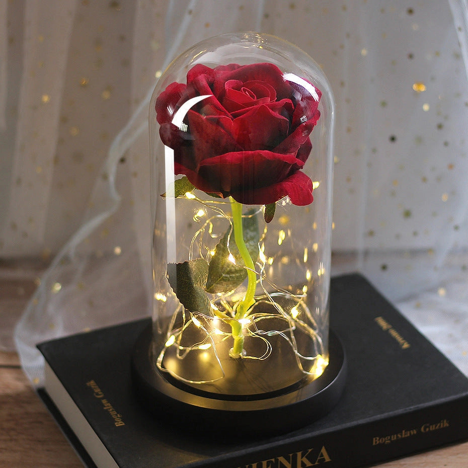 LED Illuminated Silk Rose Bouquet with Glass Cover for Weddings and Gifts