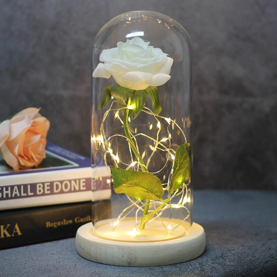 LED Illuminated Silk Rose Bouquet with Glass Cover for Weddings and Gifts
