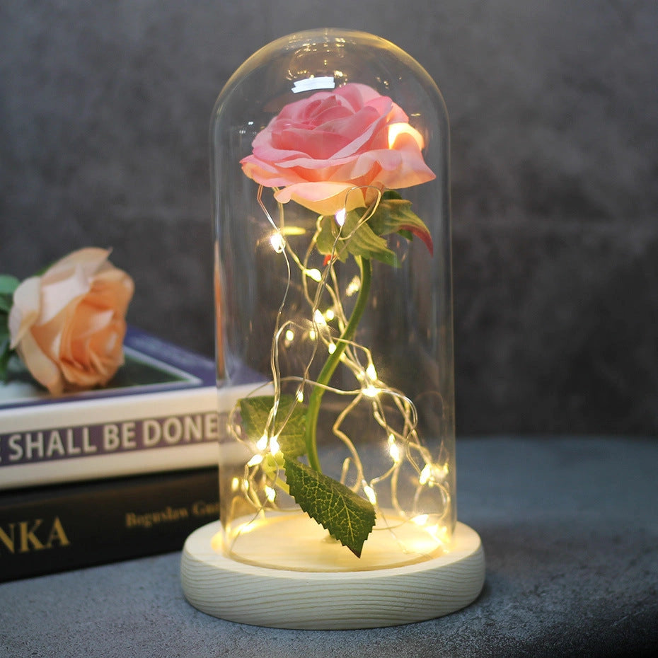 LED Illuminated Silk Rose Bouquet with Glass Cover for Weddings and Gifts