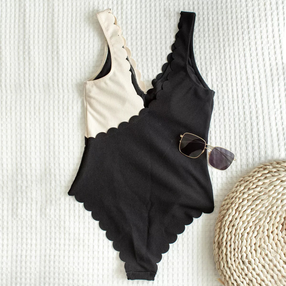Women's Black and White One-Piece Swimsuit with Petal Edge Stitching