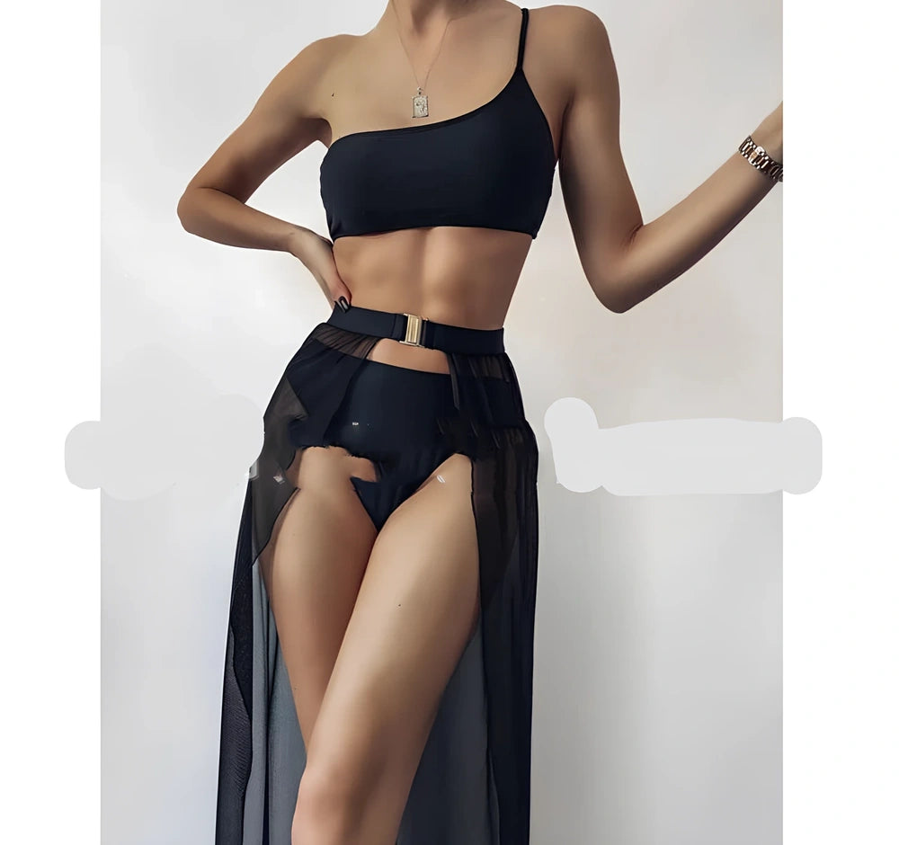 Three-piece solid colour swimsuit with high-waist bottoms and removable chest pads in quick-drying polyester fabric