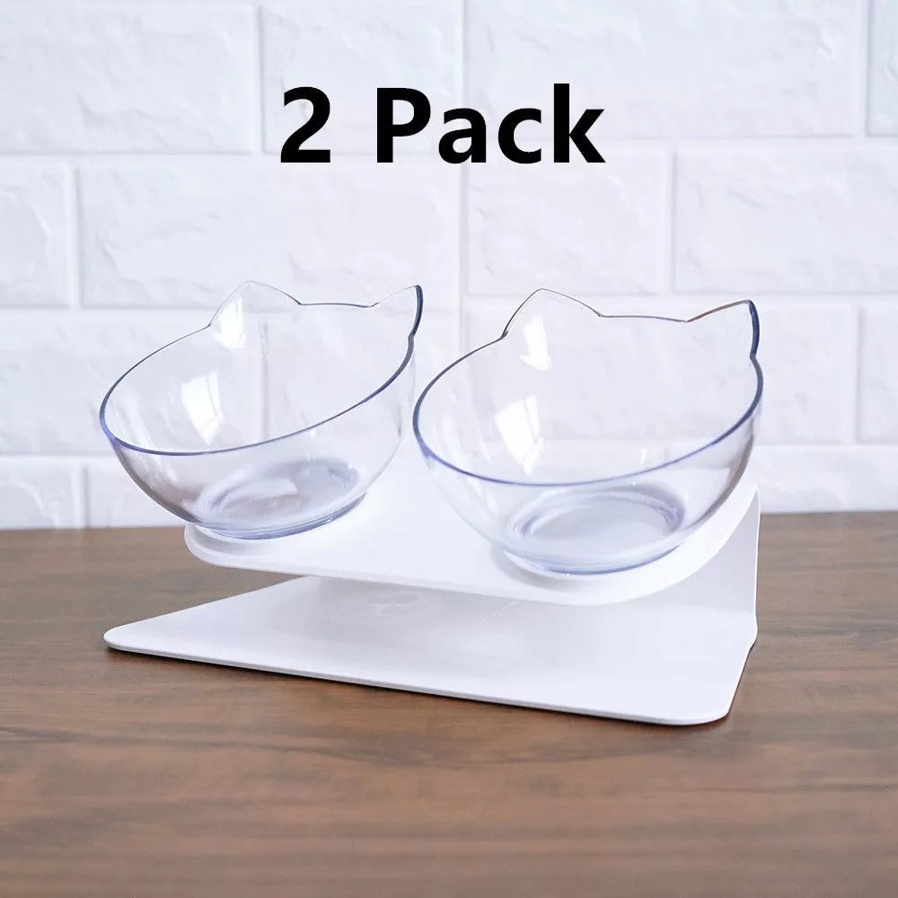 Double Bowl Cat Food Bowl with 15° Tilt for Cervical Protection