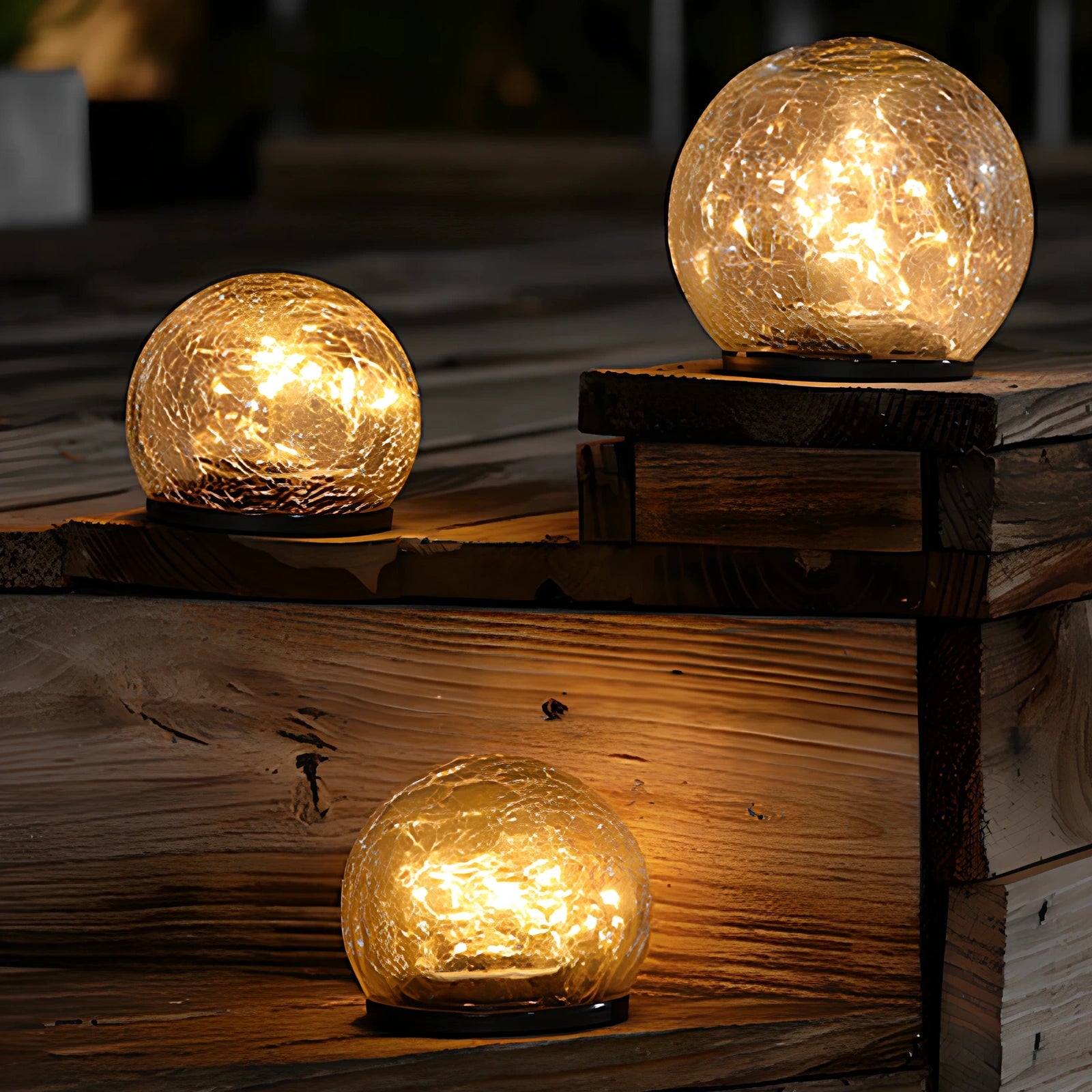 Cracked glass ball LED solar light, 10cm size with warm white glow for garden paths, waterproof and ground stake included