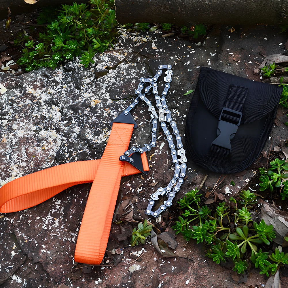 Manganese steel chain saw with portable handle showing black and orange colour options