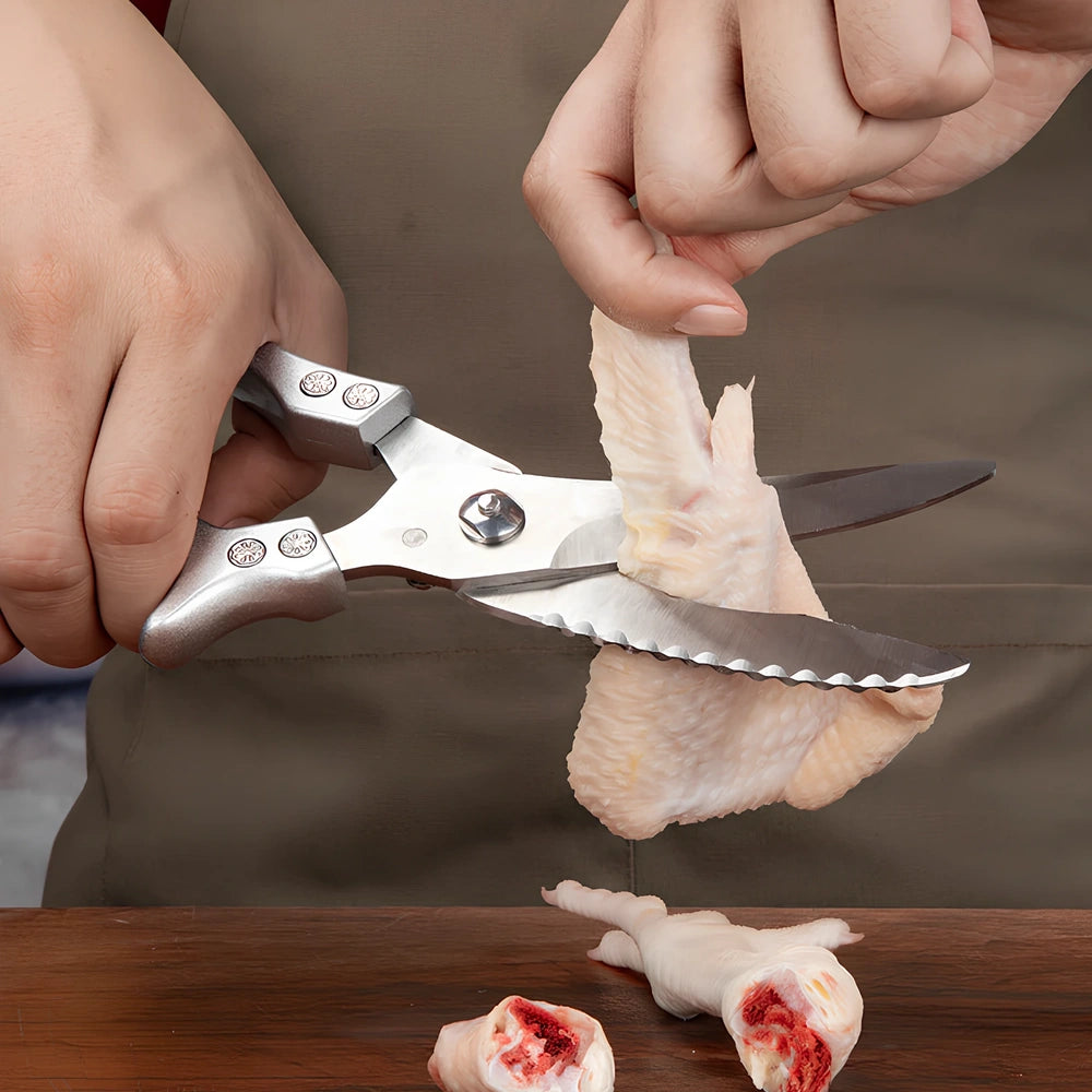 25cm stainless steel chicken bone scissors with brown leather sheath for kitchen meat and fish cutting, 245g weight