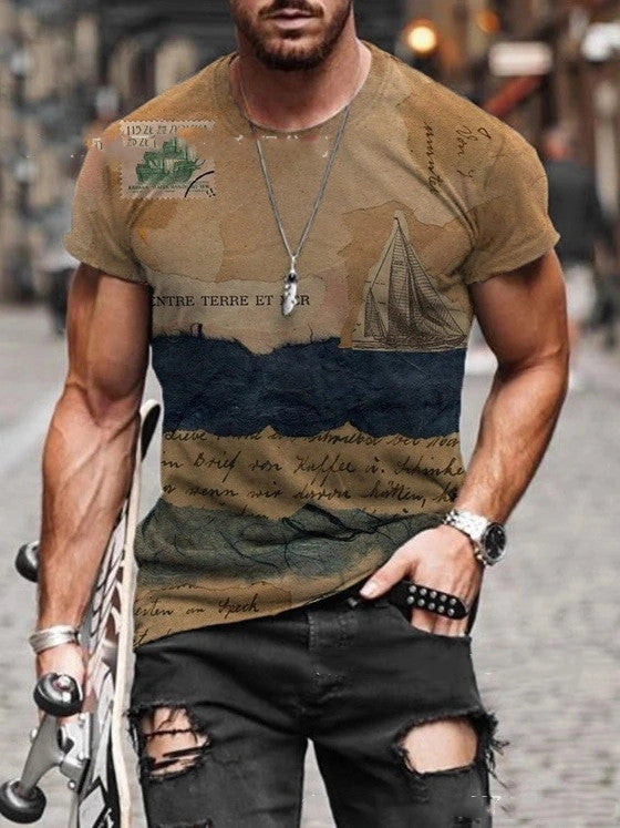 Men's Retro Geometric Print Short Sleeve Shirt in Polyester