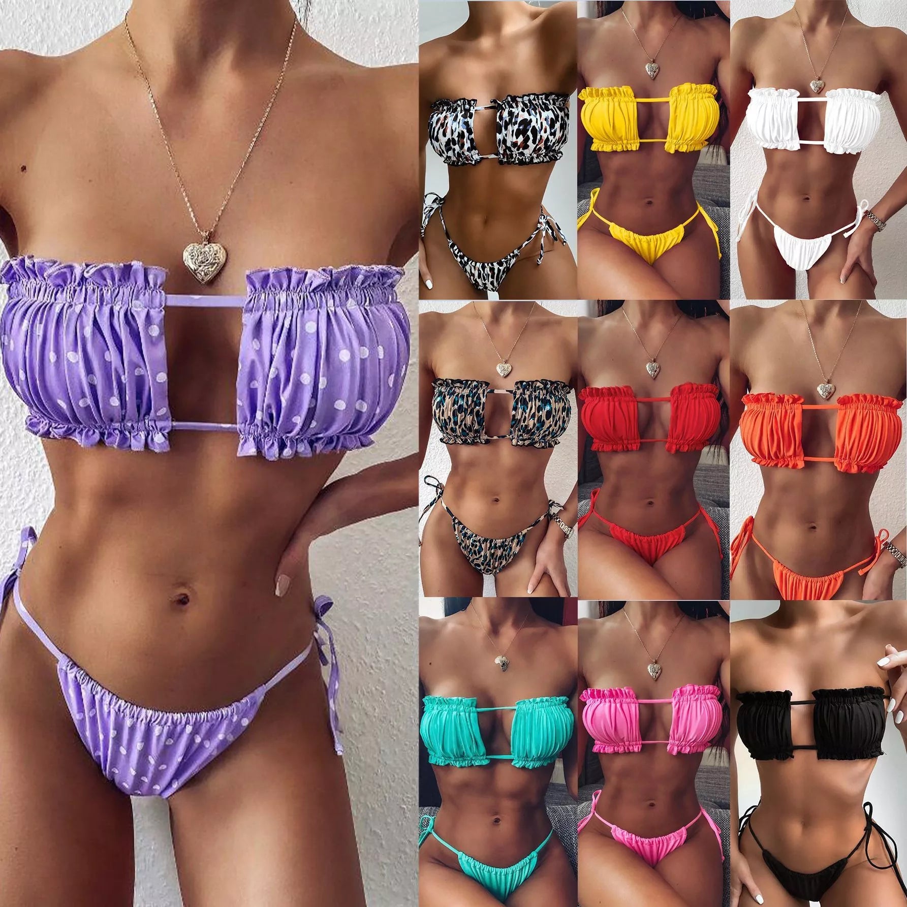 Multicolor Pleated Hollow Bikini for Swimming and Wading