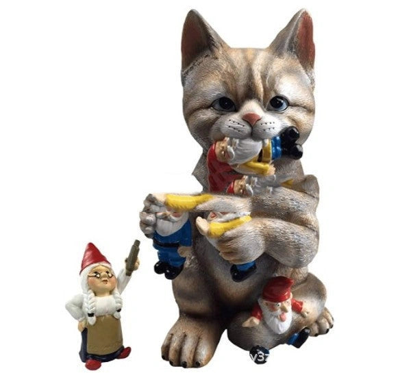 Cats Eat Dwarfs Statue Garden Ornament Art Resin Craft