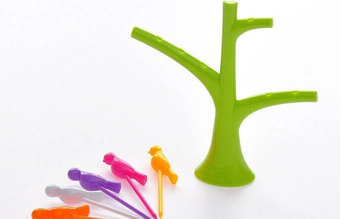 Colorful Plastic Fruit Fork Set with Tree and Birds Design for Kids