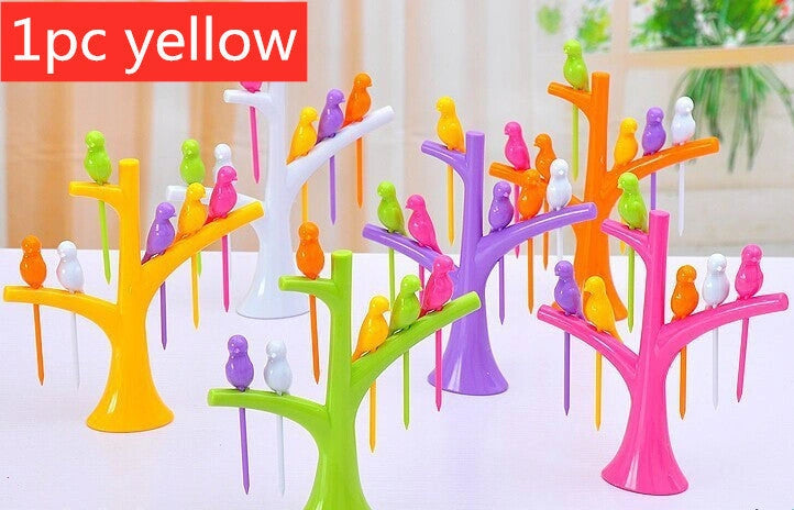 Colorful Plastic Fruit Fork Set with Tree and Birds Design for Kids