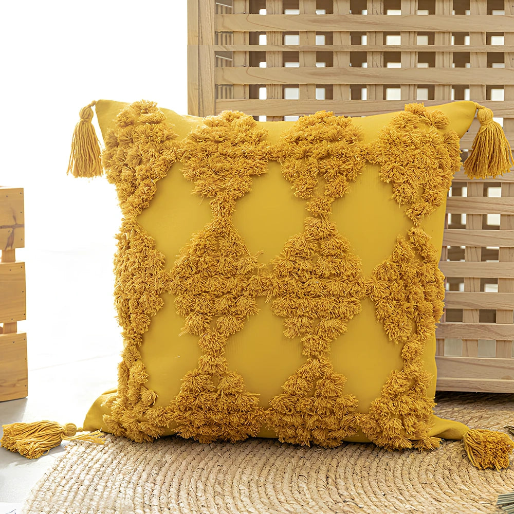 Nordic tufted throw pillow with tassels in beige cotton canvas, PP cotton fill 81-90%, square shape for sofa