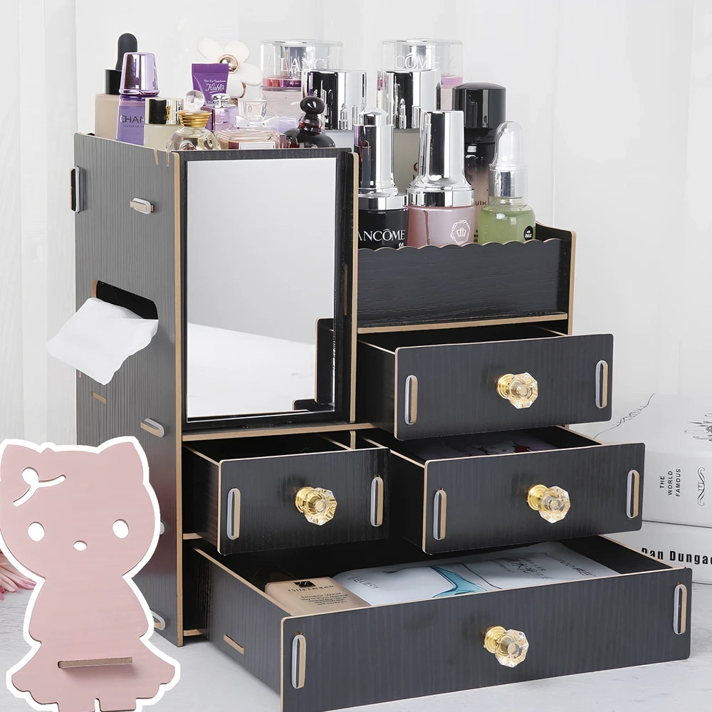 Wooden cosmetic storage box with cartoon pattern lid and six dividers, 25cm x 15cm x 8cm, in betel fruit colour