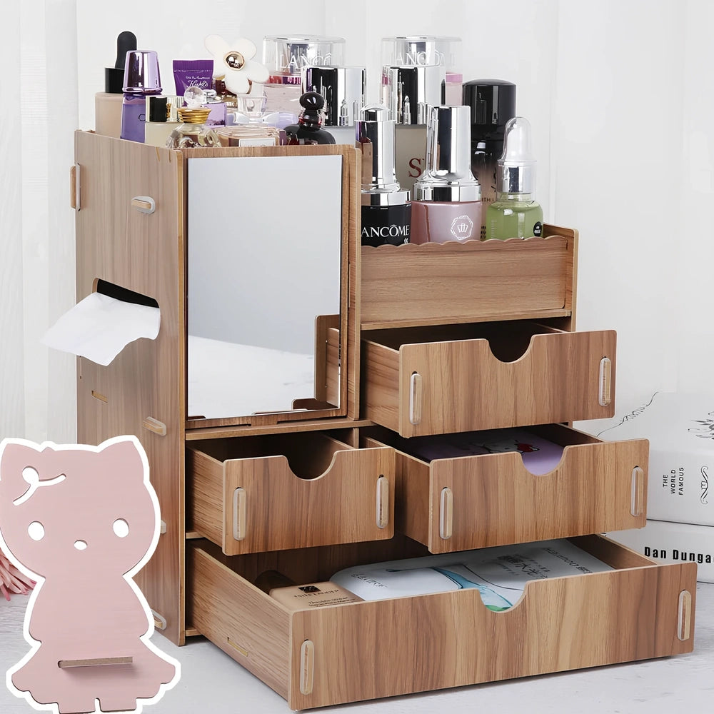 Wooden cosmetic storage box with cartoon pattern lid and six dividers, 25cm x 15cm x 8cm, in betel fruit colour