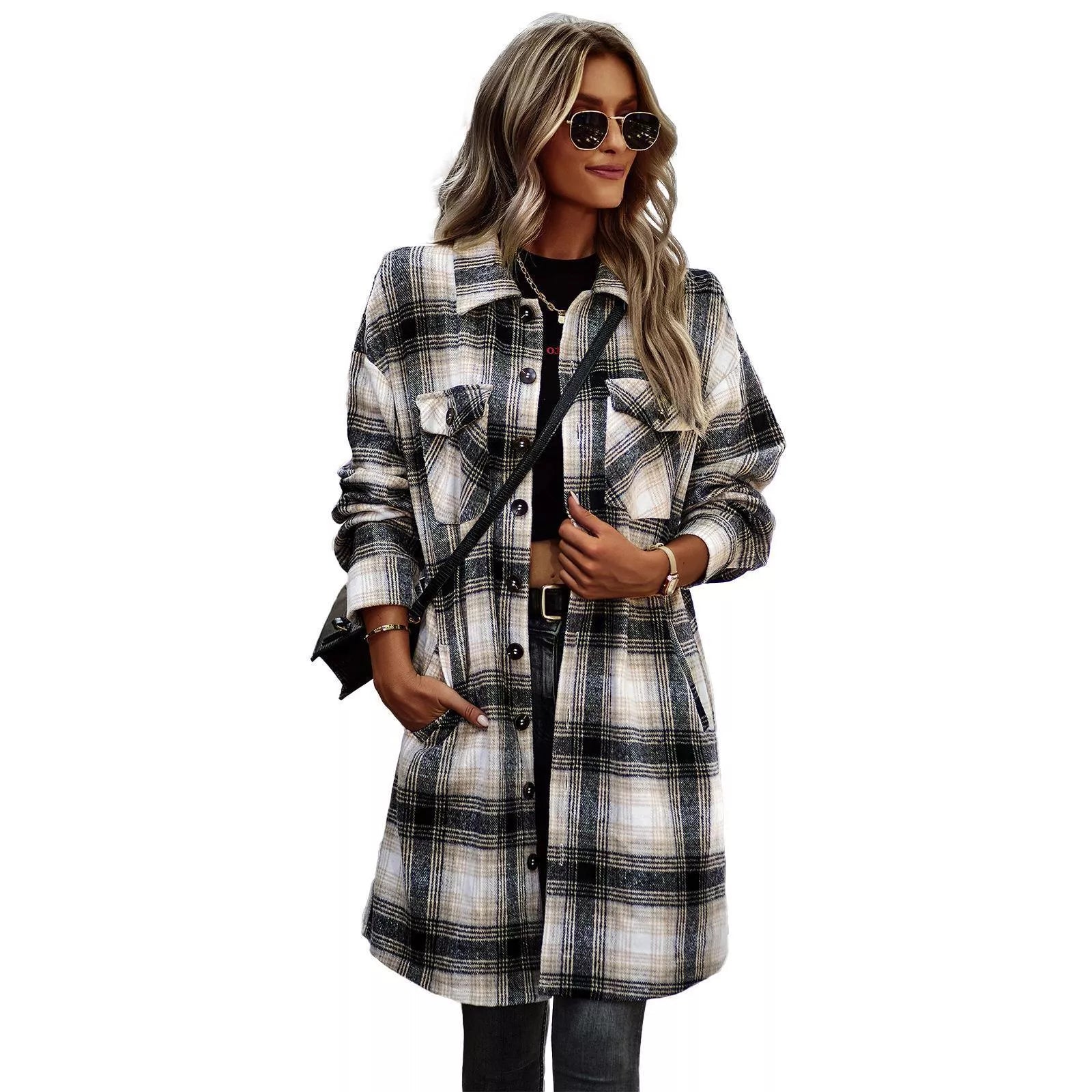 Long Plaid Woolen Cardigan Coat for Women