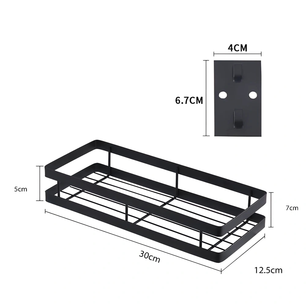 Metal kitchen wall storage shelf holding spice containers and pepper seasoning sprayers in six size options from 20cm to 50cm