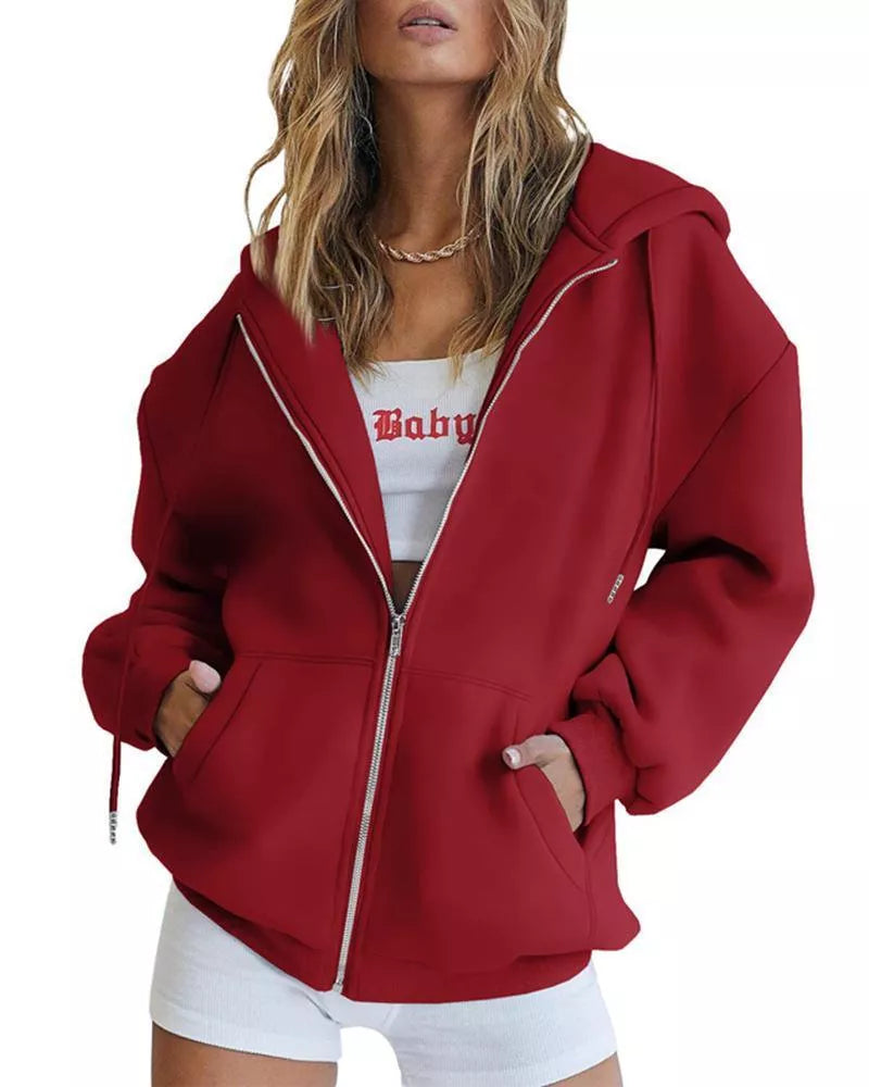 Women's Solid Color Zipper Hooded Sweatshirt with Drawstring