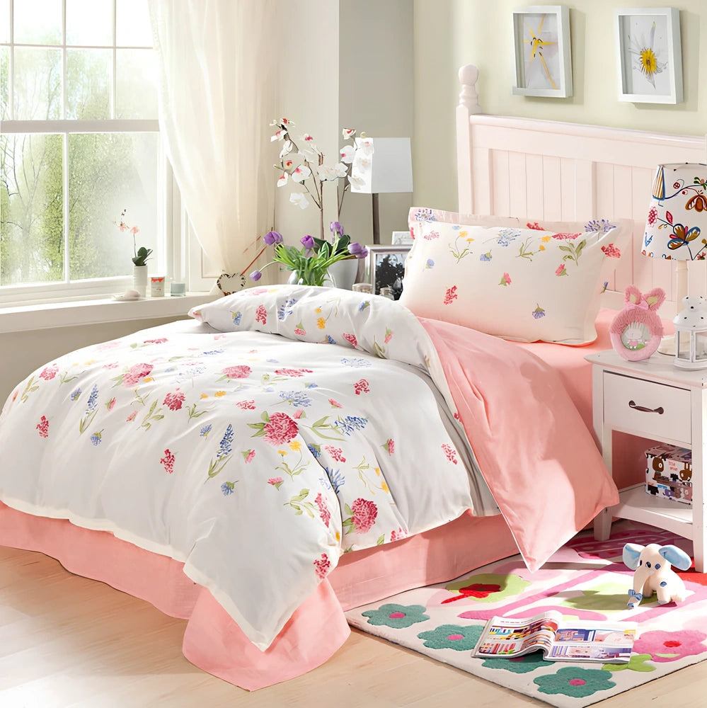 Reactive printed cotton bedding set with botanical flower and leaf patterns for UK double beds