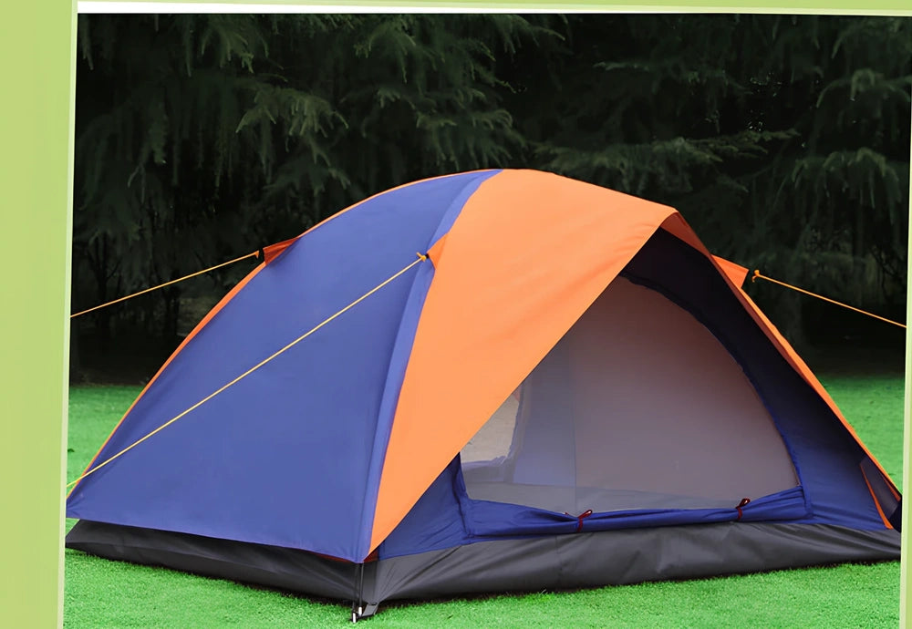 Orange blue double camping tent with reinforced frame showing 200x150x110cm dimensions and weatherproof features