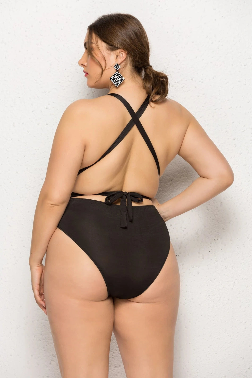 Black plus size one-piece swimsuit with backless high-elasticity design for swimming, sizes 2XL-5XL, 170g polyester-spandex blend